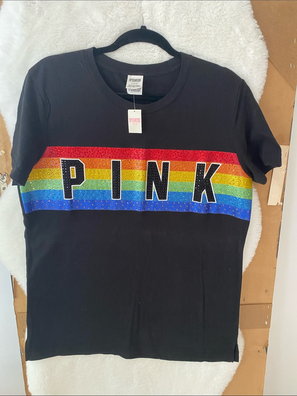 PINK Victoria's Secret Black Tee with Rainbow Sequin Band